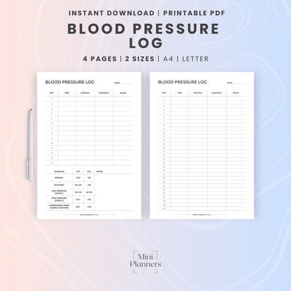 Blutdruck-Tracker, druckbare Tabelle mit Blutdruckmessung, Blutdruck-Tracker, PDF, A4,8,5 x 11, Letter