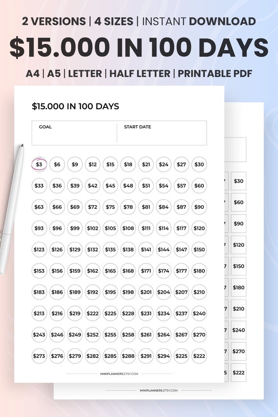 15000 Savings Challenge Printable: 100 Day Money Goal (PDF) - Etsy
