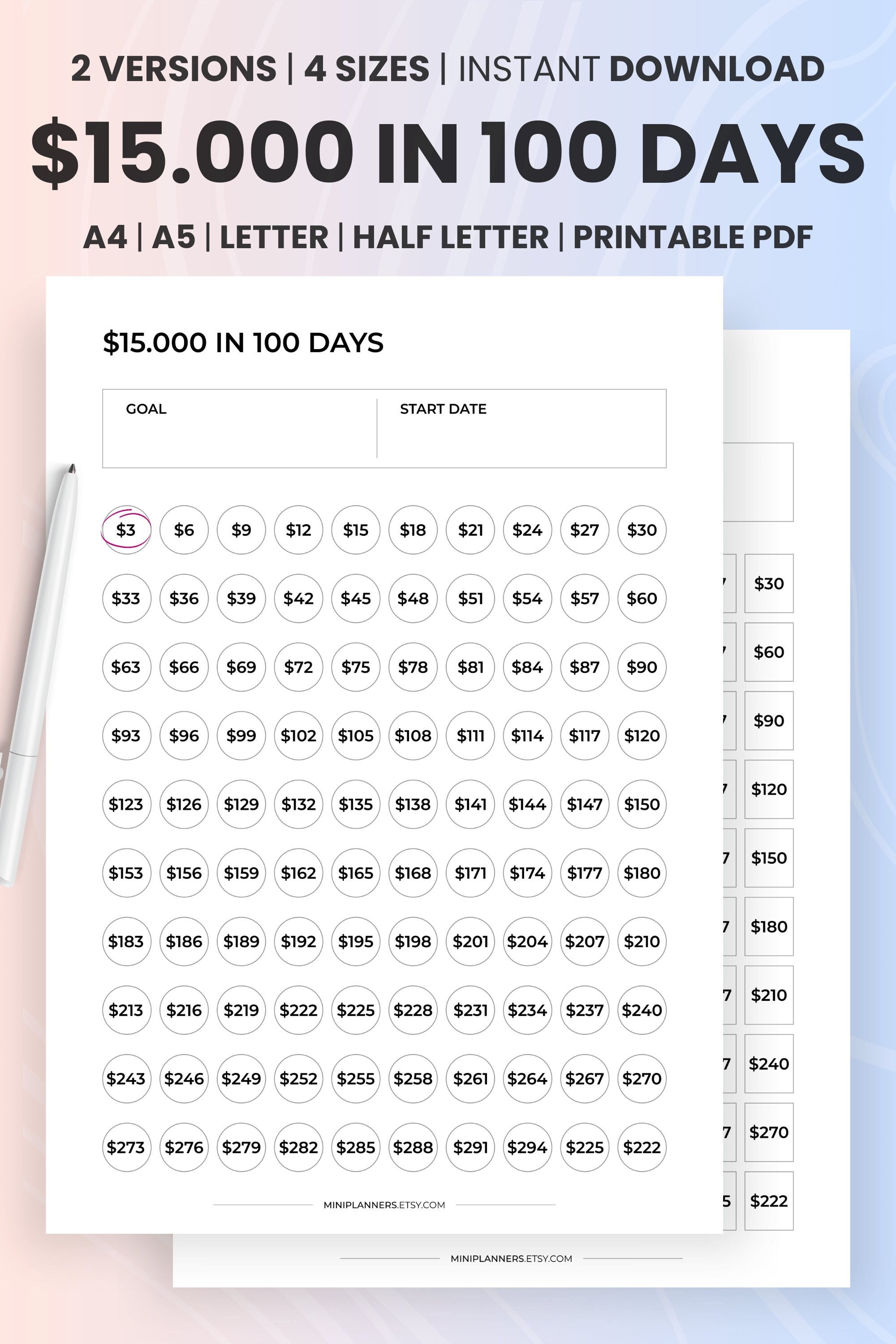 saving☆100‪dayシンプル1万円size 15000 Savings Challenge Printable: 100 Day Money Goal (PDF) - Etsy