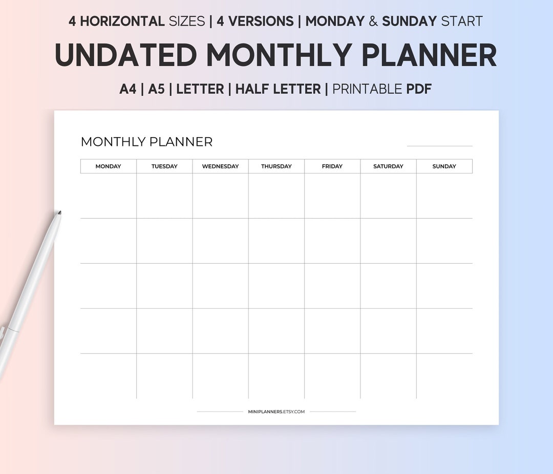 Horizontal Monthly Planner, Printable Undated 30 Day Tracker, One Month ...