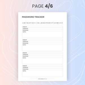 Password Protection Reminders Password Tracker Printable Template, Alphabetical Order Password ...