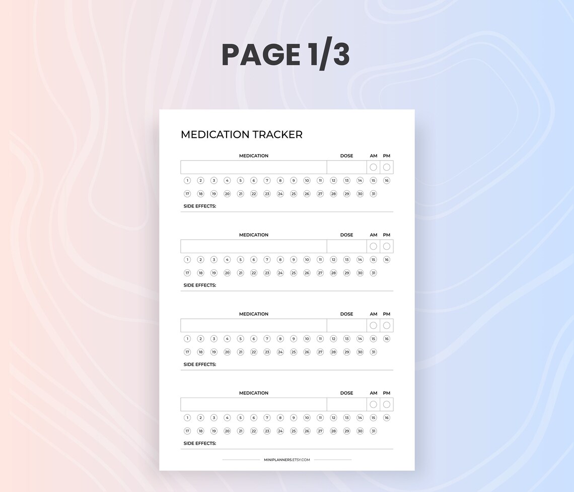 Monthly medication log printable medication tracker daily etsy