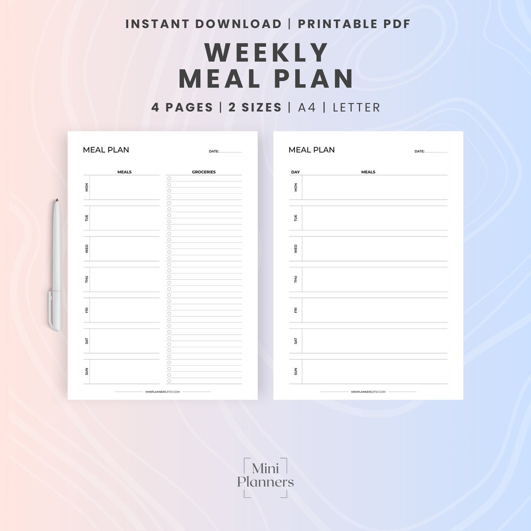 Simple Meal Plan With Grocery List, A4 Daily and Weekly Printable