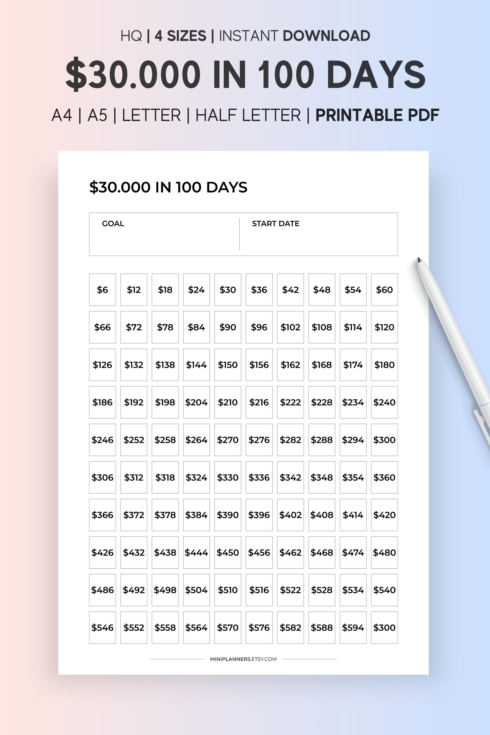 30000 Dollars in 100 Days, 30k Challenge, 100 Day Savings 30000 Dollars in 100 Days, 30k Challenge, 100 Day Savings