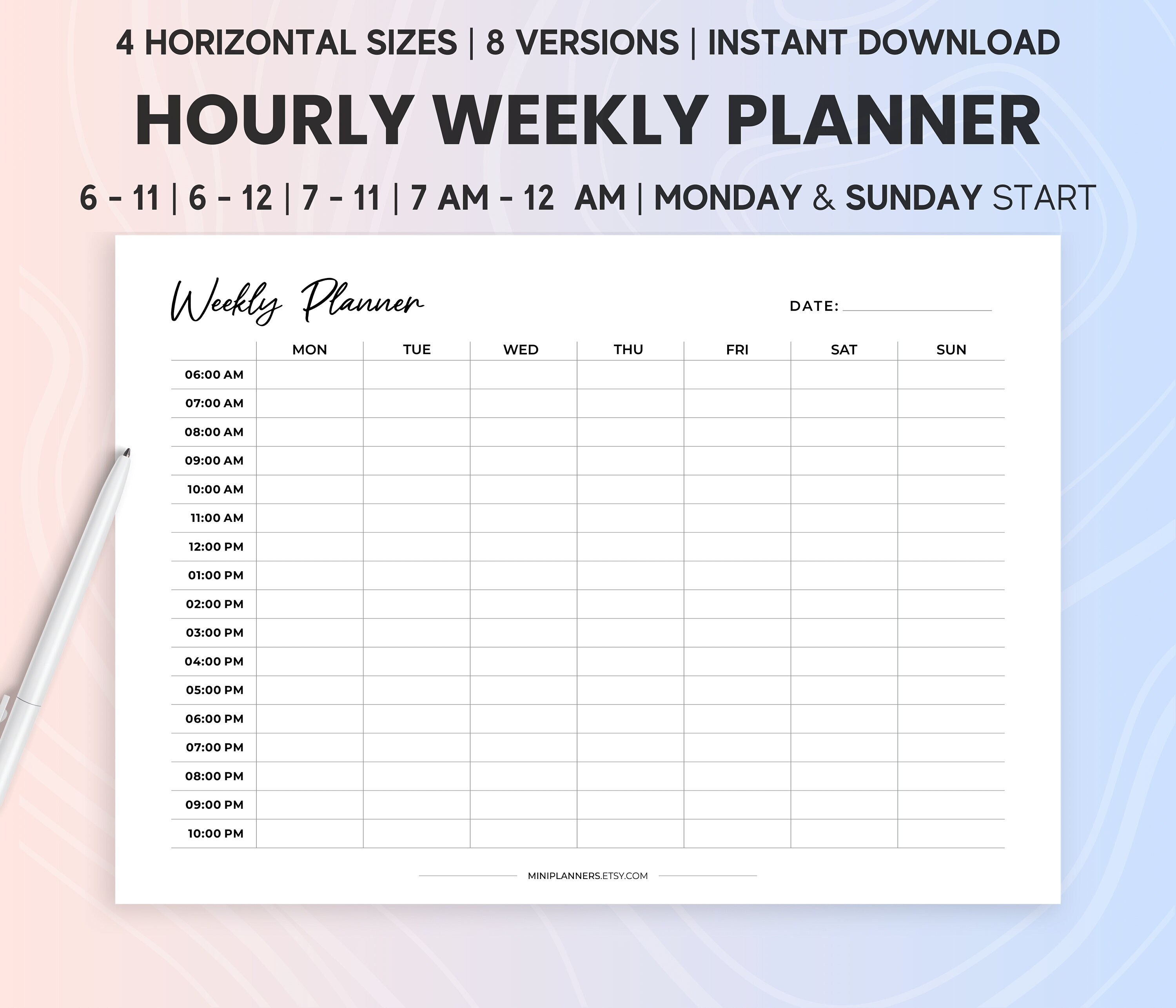 Printable Hourly Weekly Planner, Horizontal Printable Hourly 6AM 11PM Scheduler Printable ...