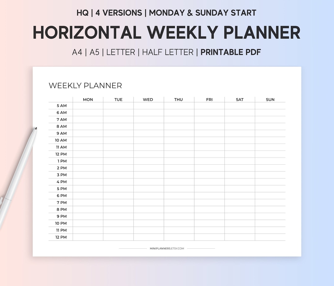 Horizontal Weekly Planner Printable Weekly Planner by Hour Hourly Horizontal Weekly Planner Printable Weekly Planner by Hour Hourly
