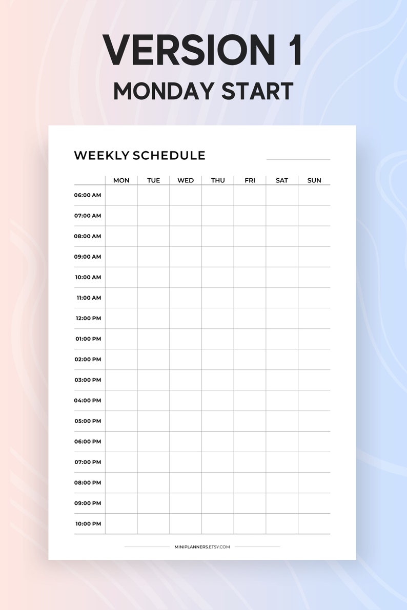 Hourly Weekly Schedule Template: 6 AM - 10 PM, A4/letter (PDF Download ...