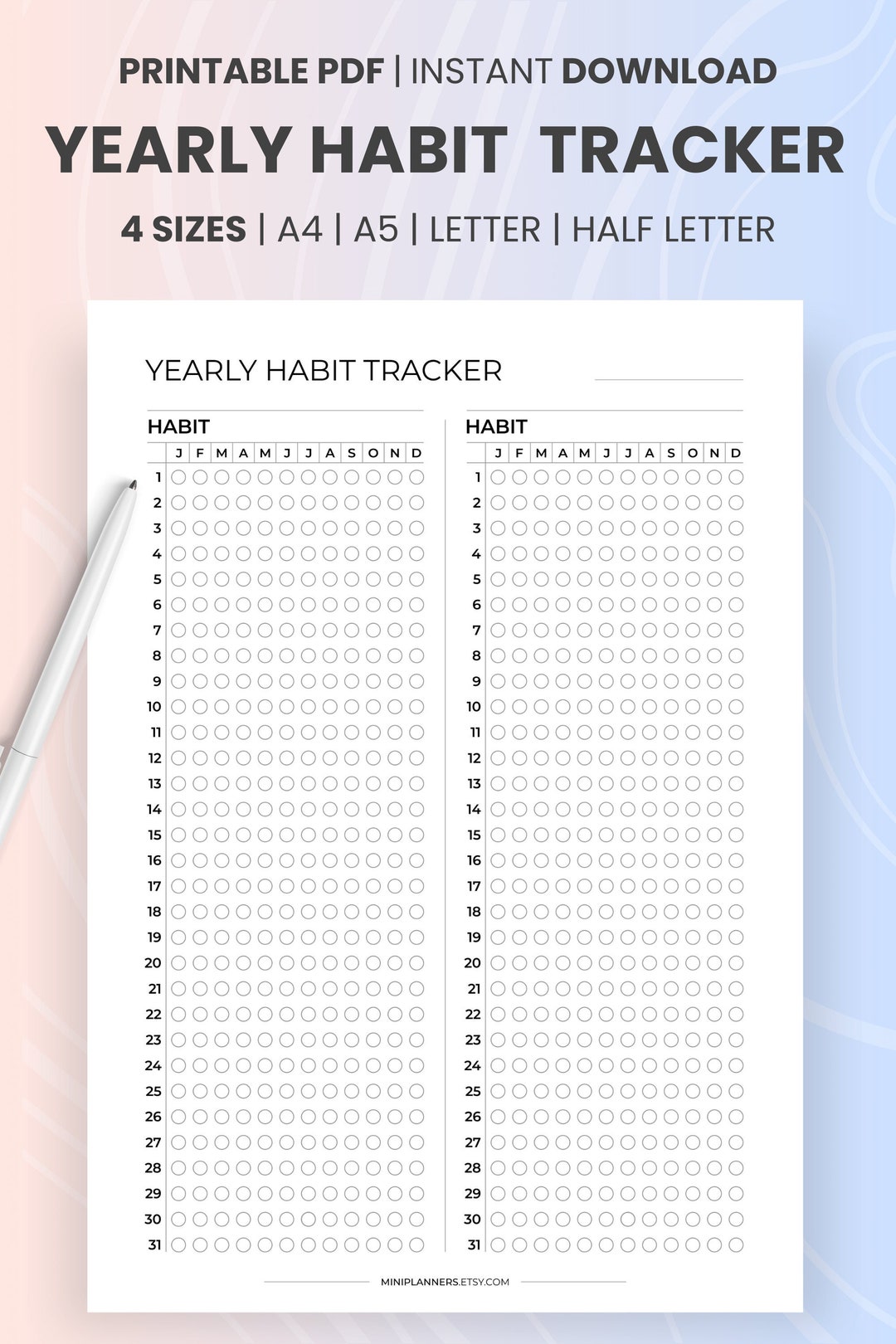 Yearly Habit Tracker Printable: Goal Planner Template (PDF) - Etsy UK