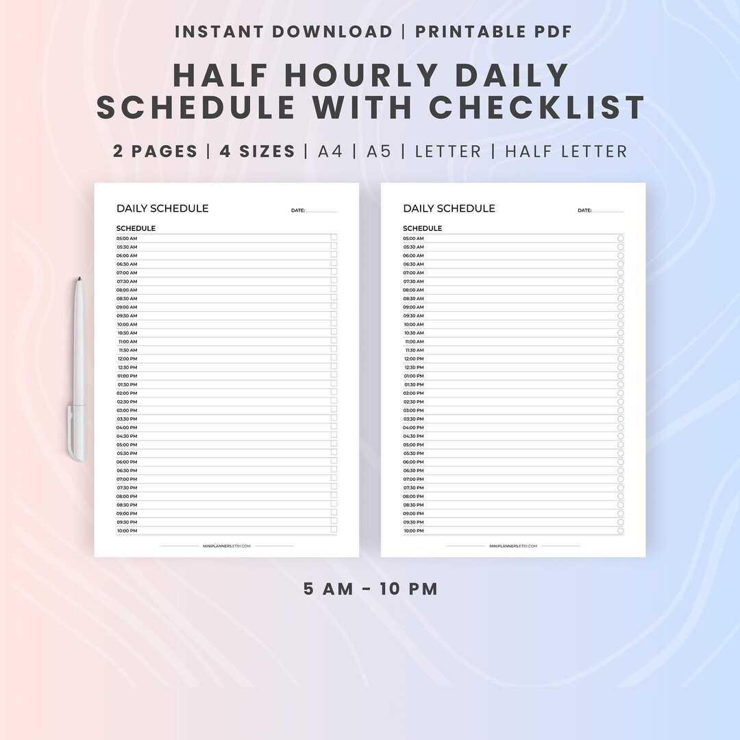 Half Hourly Daily Schedule, Printable Daily 5 Am - 10 Pm Planner ...