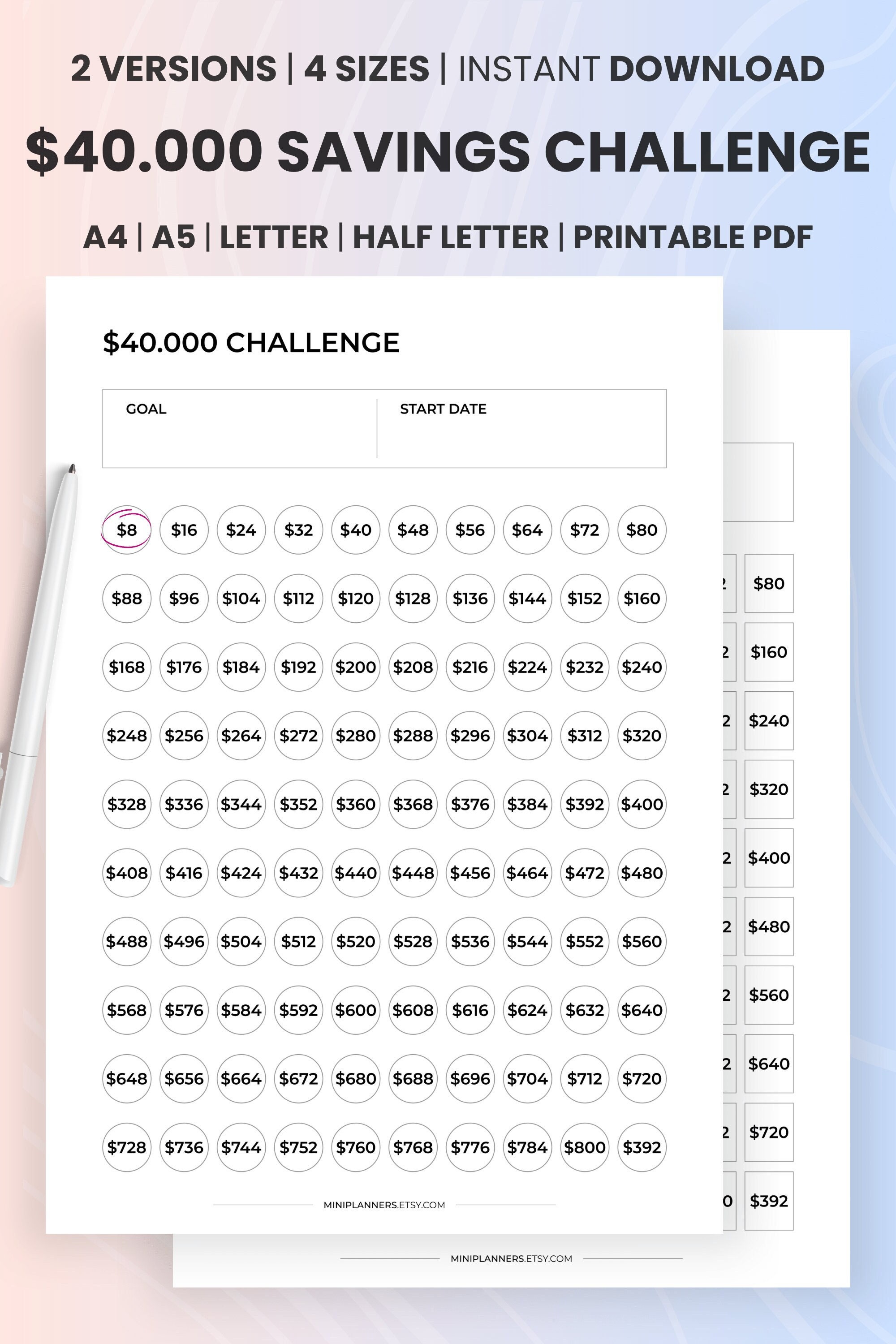 40000 Savings Challenge Printable, 40k in 100 Days, 40,000 in 100 Days ...