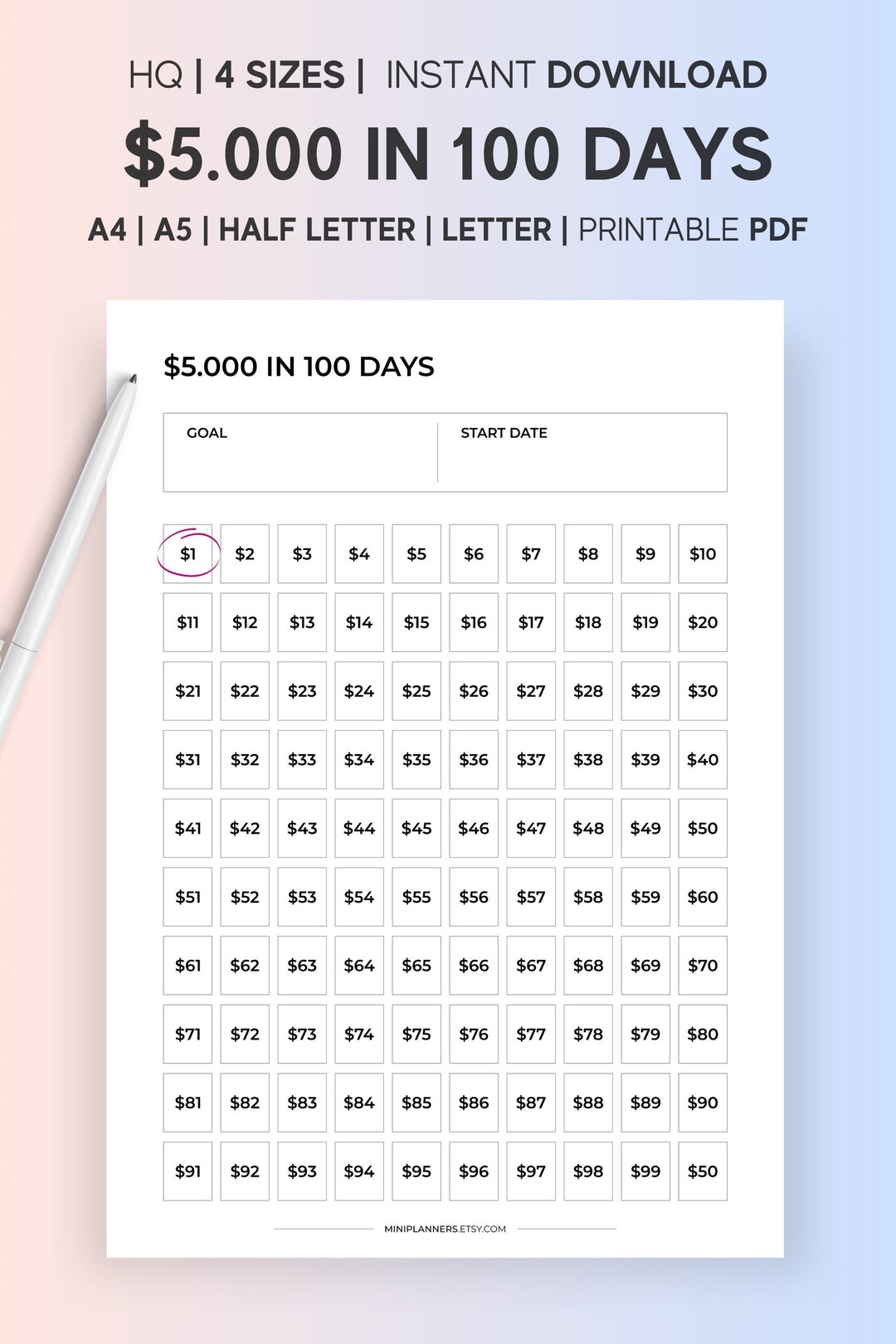 100days challenge savingリフィル 手書き数字 100days challenge savingリフィル 手書き数字