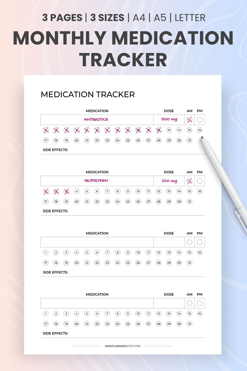 Monthly medication log printable medication tracker daily etsy