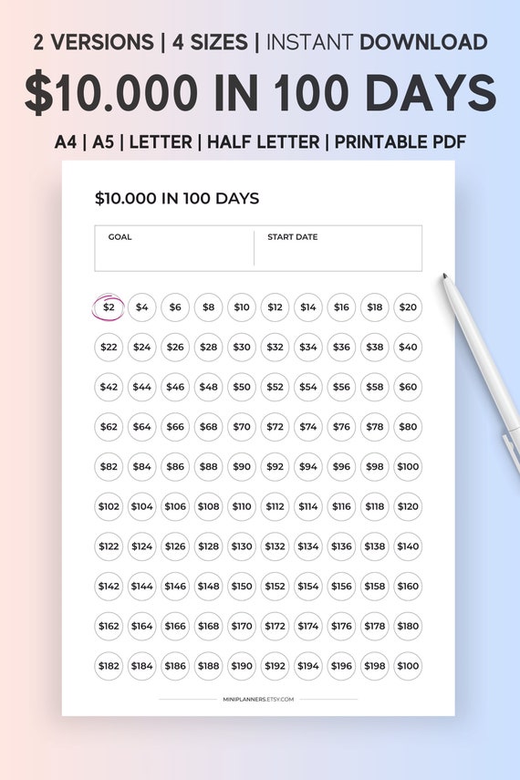 10000 Savings Challenge, 10,000 Challenge, 10k Dollar in 100