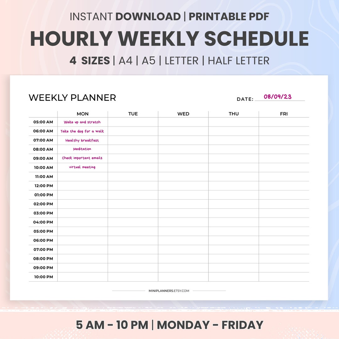 Hourly Weekly Planner Printable, 5AM - 10PM, 5 Day Week Hourly Planner , Daily Schedule ...