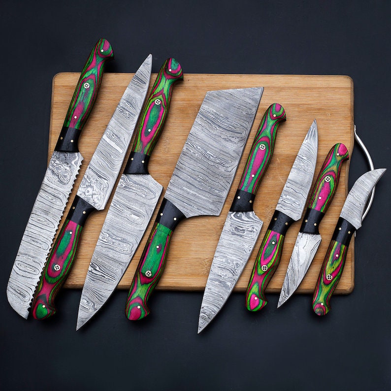 Custom Handmade Damascus Steel Blade Kitchen Chef Knife Set 8pcs Damascus  Knife Set With Leather Case Roll Bag- Professional Demasticus Butcher BBQ