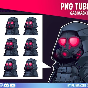 Peut inclure: Image numérique PNG Tuber d'un Gas Mask Man. Le personnage porte une veste à capuche gris foncé et un masque à gaz avec des yeux rouges brillants. L'image comprend plusieurs poses du personnage et le texte "PNG Tuber Gas Mask Man".