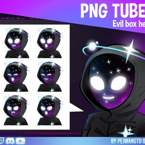 Puede incluir: Ilustración digital de un personaje con una cara con temática de galaxia y una chaqueta con capucha negra. La imagen muestra varias expresiones del personaje, con el texto "PNG TUBER Evil box head" en la parte superior. El fondo es un degradado de morado y negro.