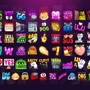 May include: A collection of colorful digital stickers with various phrases and images, including "Toxic", "Rage", "Skill Issue", "Queen", "King", "Salty", "Clip It", "Trash", "Simp", "Clad", "Good Vibes", "LFG", "Hype", "Locked", "Ban", "Medic", "Oof", "Sheesh", "Cap", "OMG", "Nice Try", and more.