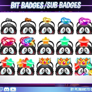 May include: A set of 15 Twitch bit badges featuring a black and white cartoon character with different colored gems, stars, and crowns on its head. The badges are designed for use on Twitch.