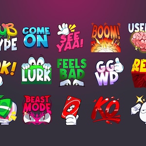 May include: A set of 15 colorful digital stickers with various phrases and images, including "Sub Hype", "Come On", "See Yaa!" , "Boom!" , "Use Me", "Ok!", "Lurk", "Feels Bad", "GG WP", "Rekt", "Beast Mode", "KO", and more.