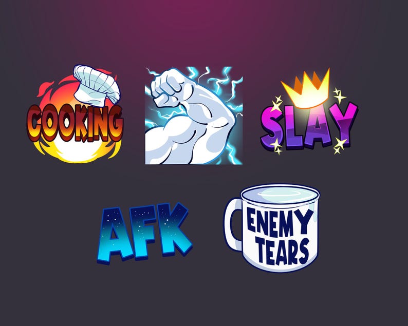 May include: Five colorful cartoon-style digital stickers with various themes. The first sticker is red and orange with a chef's hat and the word "COOKING". The second sticker is blue and white with a fist and lightning bolts and the word "AFK". The third sticker is purple and blue with a crown and the word "SLAY". The fourth sticker is blue and white with a mug and the words "ENEMY TEARS".