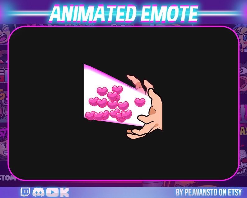 May include: Animated Twitch emote featuring a hand with pink hearts flying out of it. The background is black. The text "ANIMATED EMOTE" is at the top of the image.