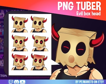 May include: Digital art of a character with a paper bag head, red horns, and red eyes. The image includes multiple variations of the character's expression. The text "PNG TUBER Evil box head" is displayed at the top.