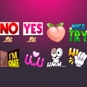 May include: A set of colorful digital stickers with various phrases and images, including "No", "Yes", "I'm Out", "Nice Try", "Hmm", "Hi", "Uuu", and a peach.