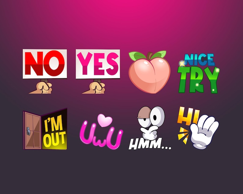 May include: A set of colorful digital stickers with various phrases and images, including "No", "Yes", "I'm Out", "Nice Try", "Hmm", "Hi", "Uuu", and a peach.