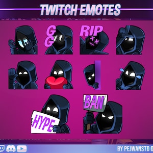 Puede incluir: Un conjunto de 10 emotes de Twitch que presentan una figura encapuchada en varias poses y expresiones. Los emotes incluyen "GG", "RIP", "Hype", "Ban", y más. Los emotes están diseñados en un estilo de dibujos animados con una paleta de colores oscuros.