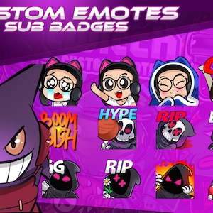 May include: A collection of custom Twitch emotes and sub badges featuring a purple and red cartoon character, a crying girl with glasses, a girl with glasses and cat ears, a girl with glasses wearing a blue hoodie, a cartoon character with a red hood holding a sign that says "GG", a cartoon character with a red hood holding a sign that says "BOOM BISH", a cartoon character with a red hood holding a basketball and a sign that says "HYPE", a cartoon character with a red hood holding a sign that says "RIP", a cartoon character with a red hood wearing sunglasses and a sign that says "EZ", a cartoon character with a red hood holding a sign that says "IG", a cartoon character with a red hood holding a sign that says "RIP", a cartoon character with a red hood holding a sign that says "RIP", and a cartoon character with a red hood holding a heart.