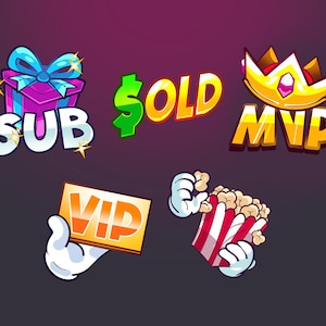 May include: Five colorful cartoon icons with text. The icons include a gift box with the word "SUB", a dollar sign with the word "SOLD", a crown with the word "MVP", a hand holding a card with the word "VIP", and a hand holding a red and white striped popcorn bucket.