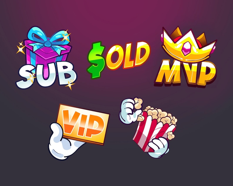 May include: Five colorful cartoon icons with text. The icons include a gift box with the word "SUB", a dollar sign with the word "SOLD", a crown with the word "MVP", a hand holding a card with the word "VIP", and a hand holding a red and white striped popcorn bucket.