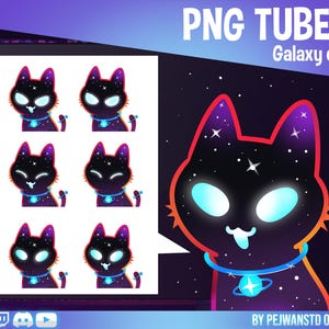 May include: A digital illustration of a galaxy cat, with a black body filled with stars and a blue nebula-like glow around the eyes. The cat wears a blue collar with a planet pendant. The image includes the text "PNG TUBER Galaxy cat".