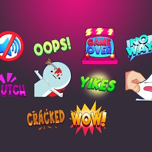 May include: A set of colorful cartoon stickers with various phrases and images, including "Oops!" "Game Over" "No Way" "Clutch" "Yikes" "Cracked" "Wow!" and a character with an arrow through their head.