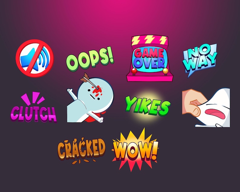 May include: A set of colorful cartoon stickers with various phrases and images, including "Oops!" "Game Over" "No Way" "Clutch" "Yikes" "Cracked" "Wow!" and a character with an arrow through their head.