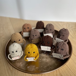 Könnte beinhalten: Eine Sammlung von zehn kleinen gestrickten Figuren in Braun, Beige und Gelb mit schwarzen Augen. Jede Figur hält eine kleine Karte mit handgeschriebenen Botschaften. Die Figuren sind auf einem runden, metallenen Tablett mit einem verzierten Design angeordnet.