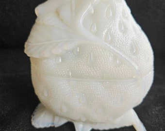 Portieux Vallerysthal France strawberry Opaline Milk Glass Footed Candy Dish 