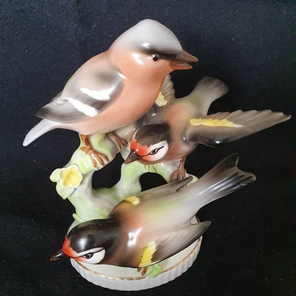 Vintage Majolica Birds On A Branch Porcelain Figurines , Bavaria signed made in Germany