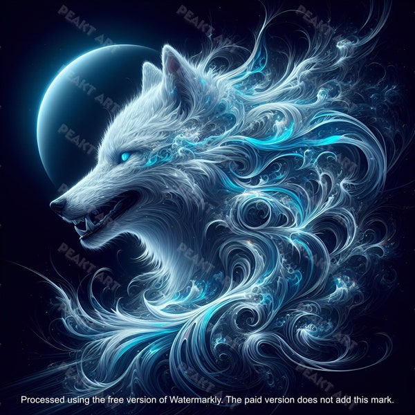 Spectral Wolf in Spectral Surrealist Style Digital Art - Ice Blue and Moonlight White