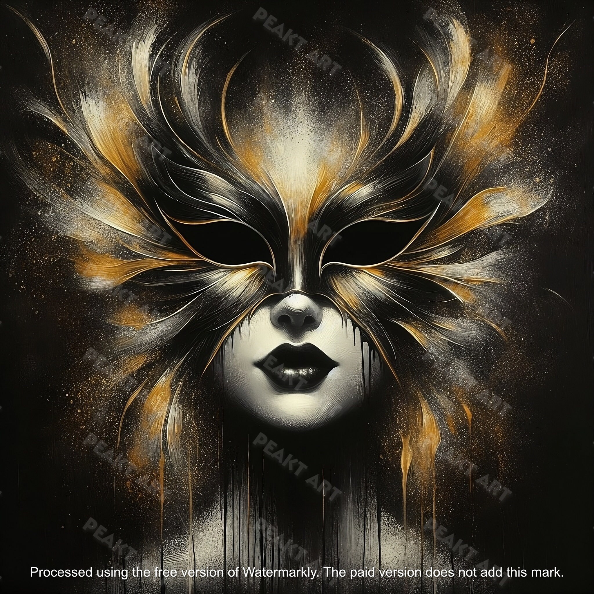 Black and Gold Abstract Masquerade Mask Oil Painting on Textured Canvas ...