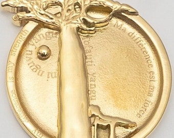 Pendentif rond, médaillon, charm, interchangeable, doré, or fin18 carats, unique, baobab, féminin, Fête,force, amour,offrir, crée en France