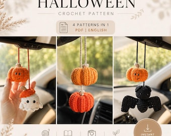 Halloween Crochet Pattern Bundle PDF | Ghost Pumpkin Bat Car Charm | 4 Amigurumi Patterns