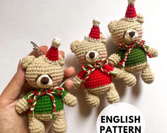 Crochet Christmas Bear Pattern: Amigurumi Teddy Keychain (PDF Pattern)