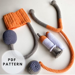 Doctor Set Crochet Pattern, Amigurumi Medical Set, Stethoscope, Blood Pressure Monitor, Syringe, Cream, Nursing Toy, Pdf in English