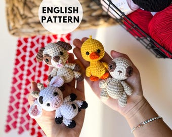 Crochet Animal Keychain Pattern - Duck, Cow, Dog, Sloth Amigurumi PDF - Mini Animal Keyring Tutorial