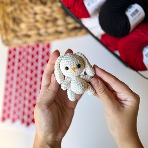 Puede incluir: Un conejito de crochet blanco con ojos naranjas. El conejito est&aacute; siendo sostenido por las manos de una persona.