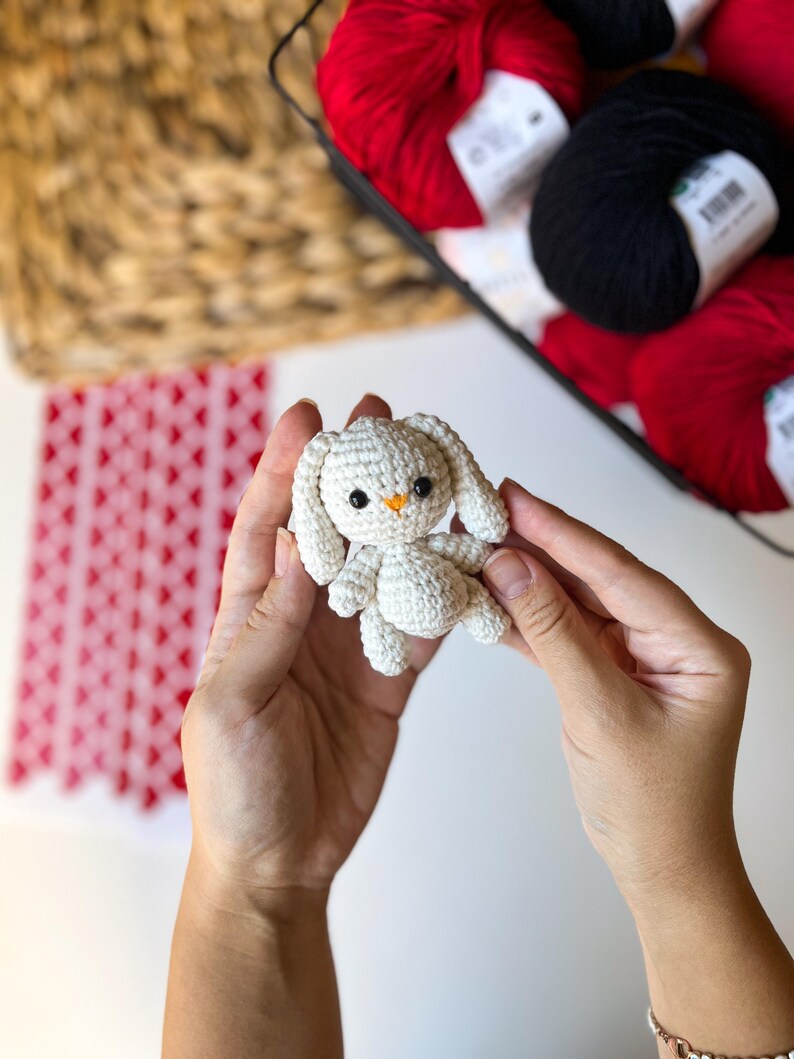 Puede incluir: Un conejito de crochet blanco con ojos naranjas. El conejito est&aacute; siendo sostenido por las manos de una persona.
