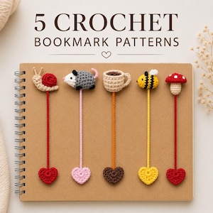 5 Crochet Bookmark Pattern Bundle - Tiny Amigurumi Bookmark PDF - Book Lover Gift DIY