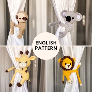 May include: Four crocheted animal curtain tiebacks. A sloth, koala, giraffe, and lion are each holding a curtain rod. The animals are all in a neutral color palette of brown, gray, yellow, and white.